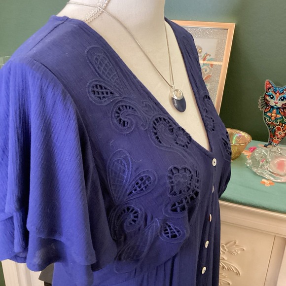 Chelsea & Violet Navy Blue Embroidered Button Up Dress With Ruffle Sleeves - Picture 3 of 4